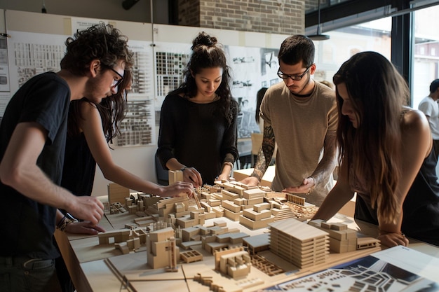 a group of people playing a game of building blocks