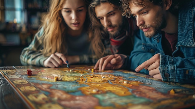 Photo a group of people playing a map with a map of the world on the top