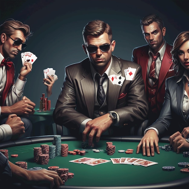 Photo a group of people playing poker and one man wearing sunglasses is wearing a suit