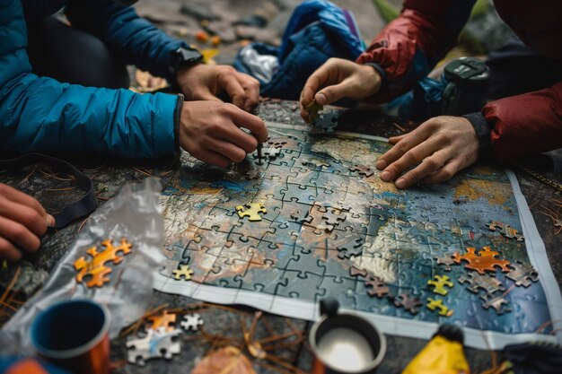 Photo a group of people playing a puzzle game with puzzle pieces on it