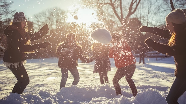 Photo a group of people playing in the snow with snowflakes falling