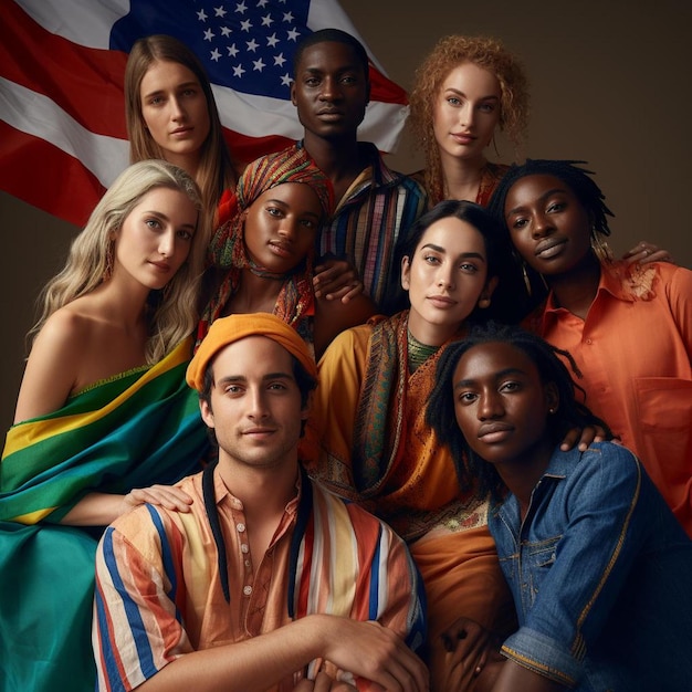 A group of people pose for a photo with the american flag in the background.