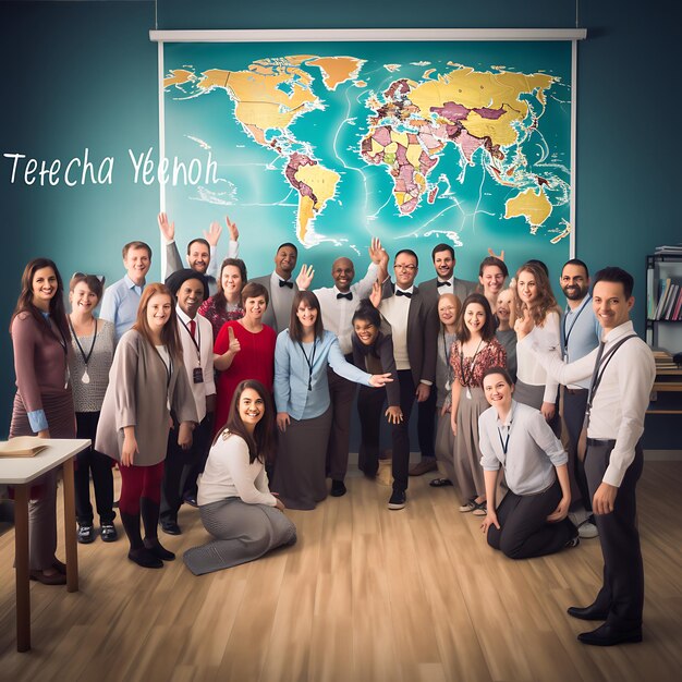 Photo a group of people posing in front of a map of the world