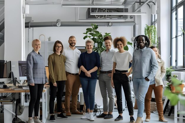 Photo a group of people posing for a photo in a room with a plant in the corner