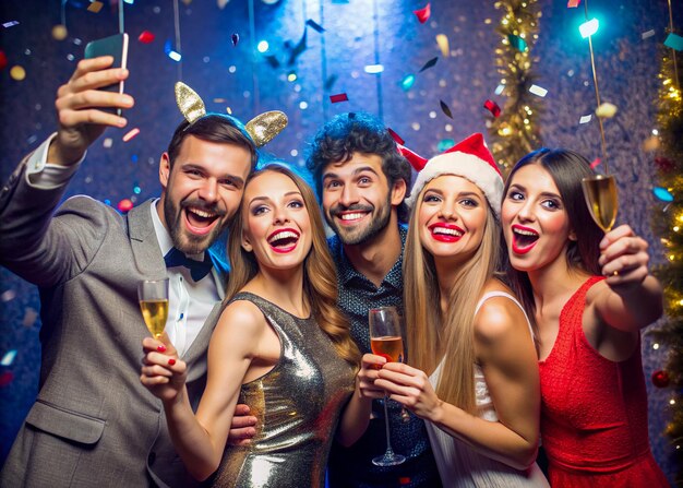 a group of people posing for a photo with champagne glasses in the background