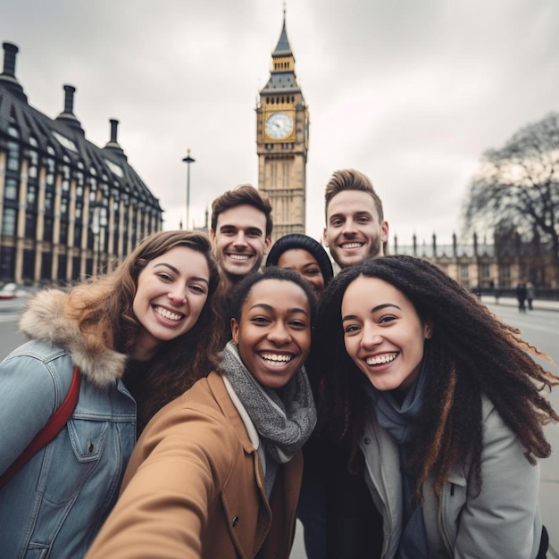 a group of people posing for a photo with a clock in the background