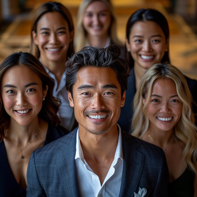 Photo a group of people posing for a photo with a man in a suit