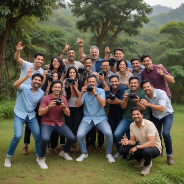 a group of people posing for a photo with one holding a camera