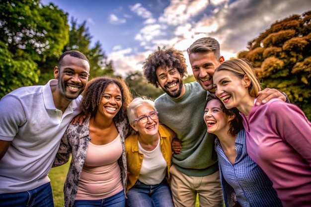 a group of people posing for a photo with one of them has a blue shirt on