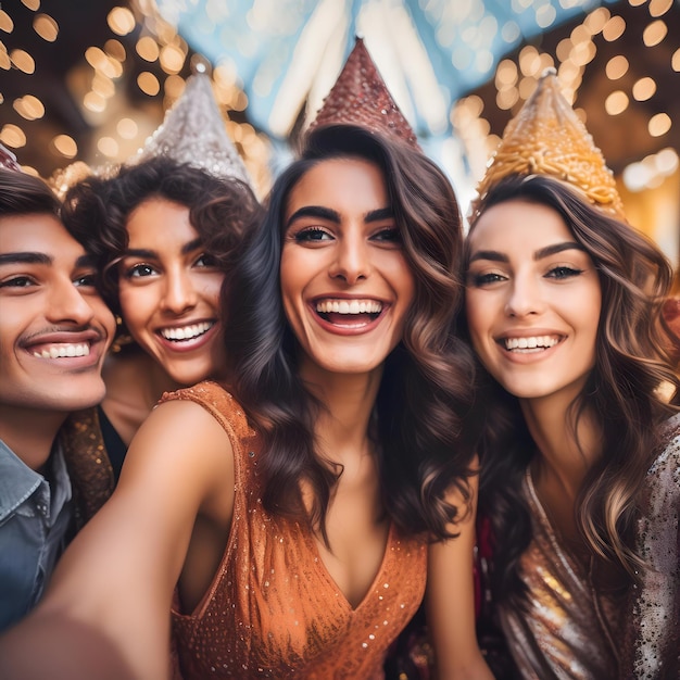 a group of people posing for a photo with one of them wearing a party hatoutline world romantic