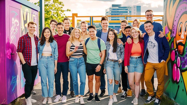 a group of people posing for a photo with one wearing a backpack