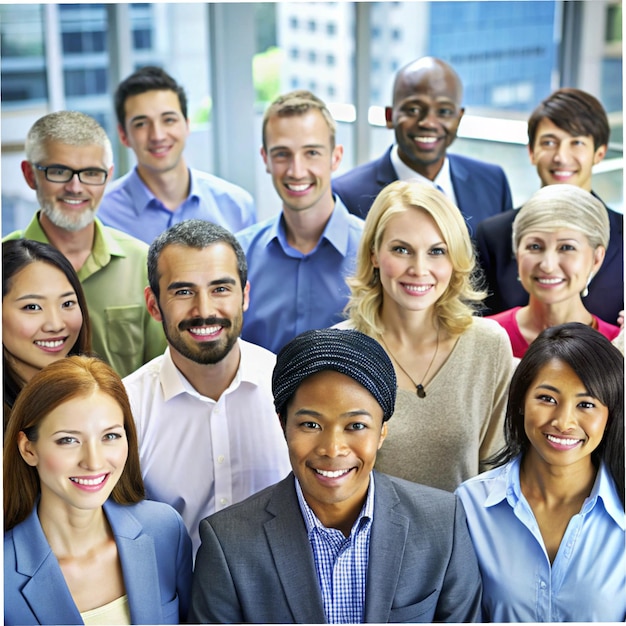 Photo a group of people posing for a photo with one wearing a blue shirt that saysson it