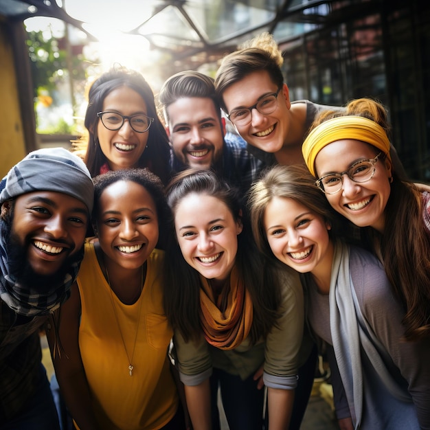 a group of people posing for a photo with one wearing a yellow scarf