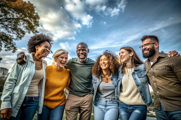 a group of people posing for a photo with the sky behind them