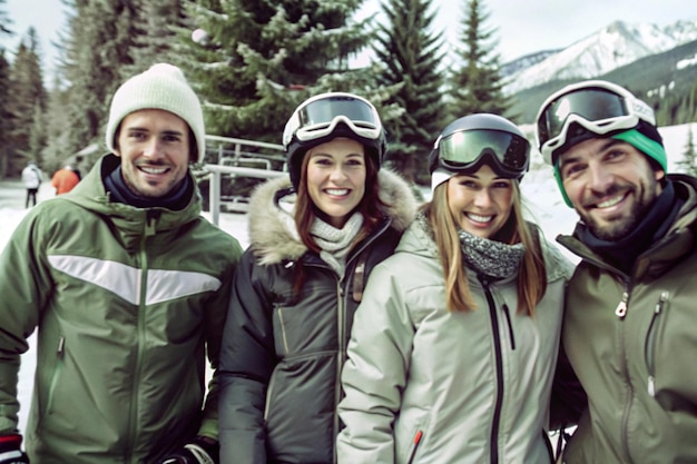 a group of people posing for a photo with snow skis