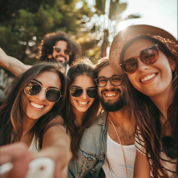 a group of people posing for a photo with their cell phone friendship day