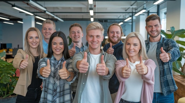 a group of people posing for a photo with the word  thumbs up