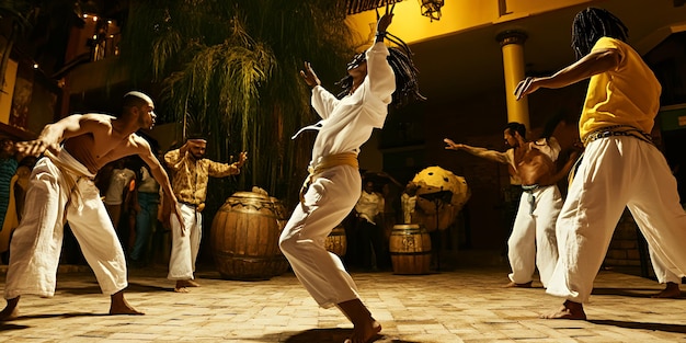 Photo group of people practicing capoeira in a courtyard at night