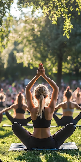 Photo group of people practicing yoga in park