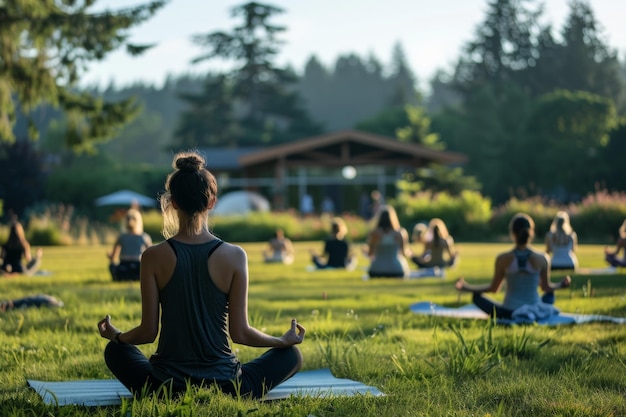 Group of People Practicing Yoga in a Park