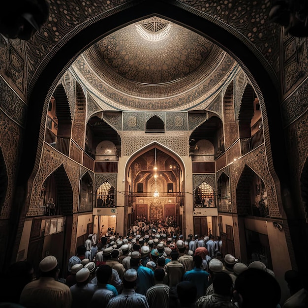 A group of people praying in a mosque