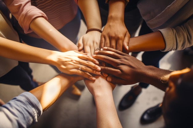 Group of people putting their hands together in the middle of circle Generative AI