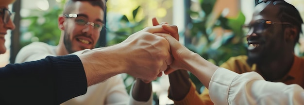 Photo group of people putting their hands together showing teamwork