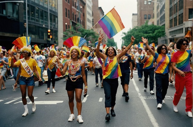 a group of people in rainbow shirts are running down a street