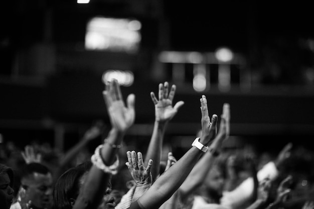 A group of people raising their hands in a crowd