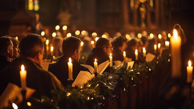 Photo a group of people reading a book in front of a church with candles