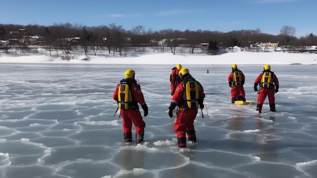 A group of people in red suits stand on ice in front of a snowy landscape.