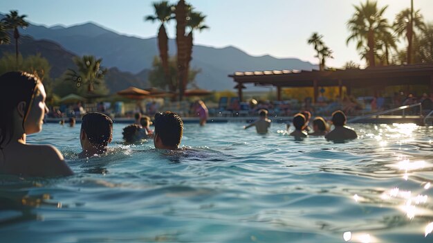 Group of people in resort swimming pool summer vacation