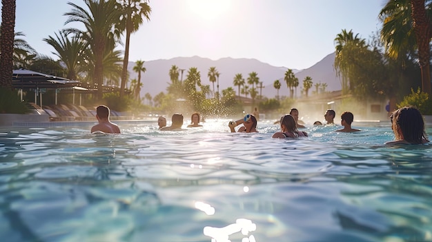 Group of people in resort swimming pool summer vacation