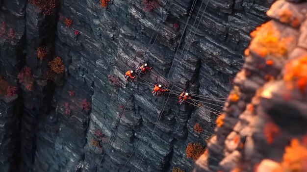 a group of people ride a mountain with a ladder