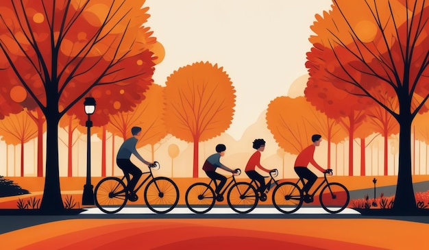 a group of people riding bicycles in autumn park