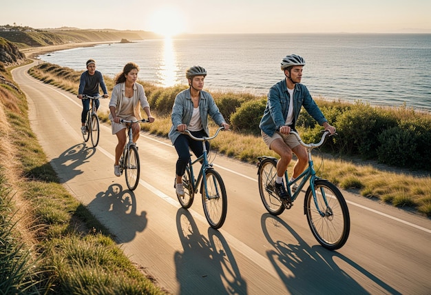 a group of people riding bicycles down a road with the ocean in the background