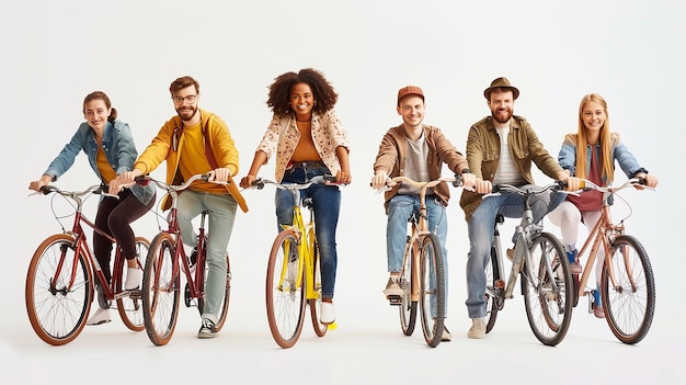 a group of people riding bicycles with one holding a yellow bicycle