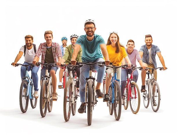 a group of people riding bicycles with one wearing a blue shirt