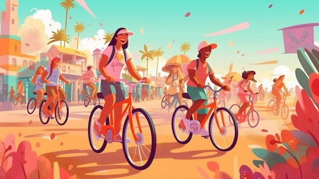 A group of people riding bikes on a beach