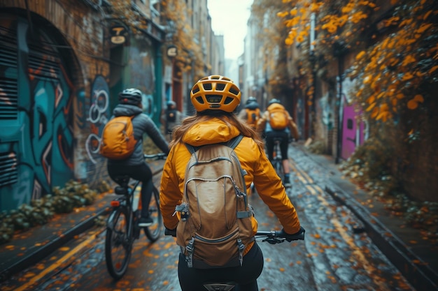 Group of people riding bikes down urban street