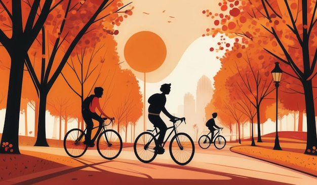 a group of people riding bikes in the park with the sun shining through the trees