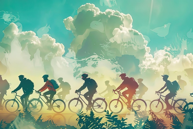 A group of people riding bikes through a forest