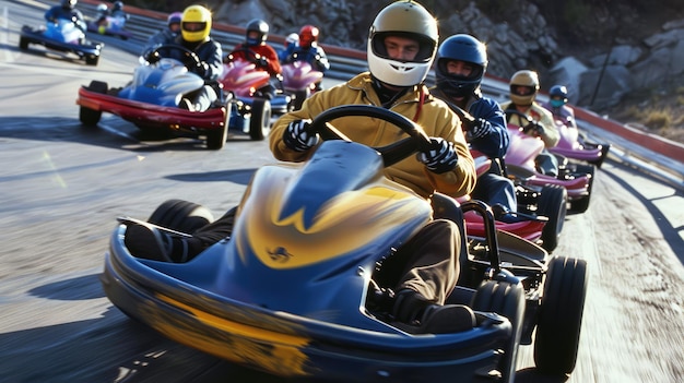 a group of people riding a blue and yellow motorcycle with the word  h  on the side