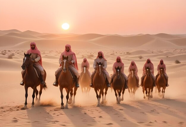 a group of people riding horses in the desert