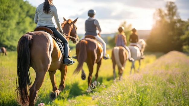 Photo group of people riding horses on a grassy trail during sunset enjoying outdoor adventure and nature perfect for horse riding enthusiasts