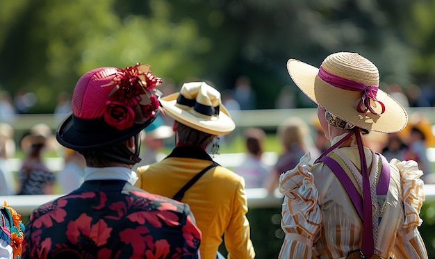 a group of people riding horses with hats on