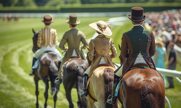 Photo a group of people riding horses with hats on