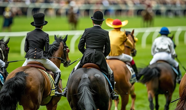 Photo a group of people riding horses with hats on