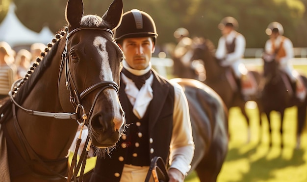 a group of people riding horses with hats on