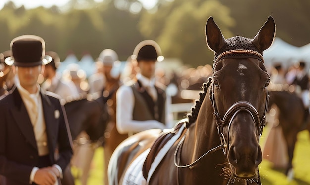 Photo a group of people riding horses with hats on